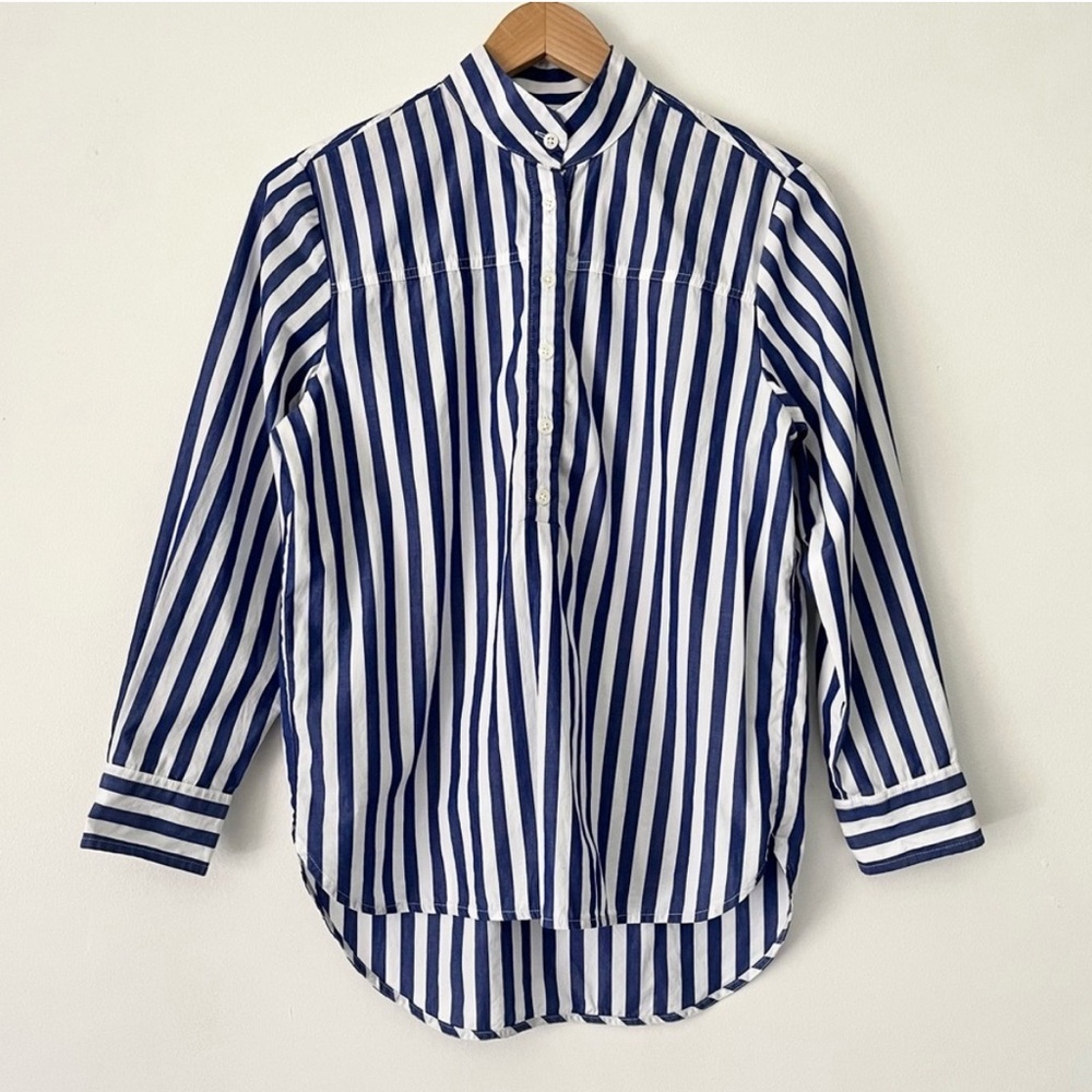 J. Crew Striped Mandarin Collar Popover High Low Long Sleeve Shirt Size 00